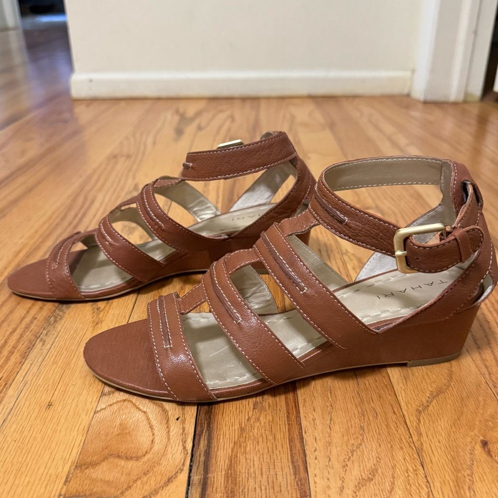 Tahari Gypsy brown leather wedge sandals.